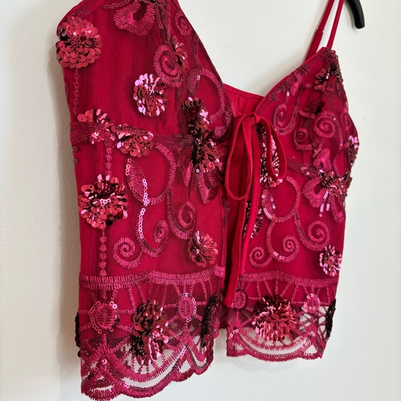 SHEIN Y2k Fairycore Cami Top Embroidery Mesh Babydoll Red Sequin Tie Front Small - Picture 6 of 14